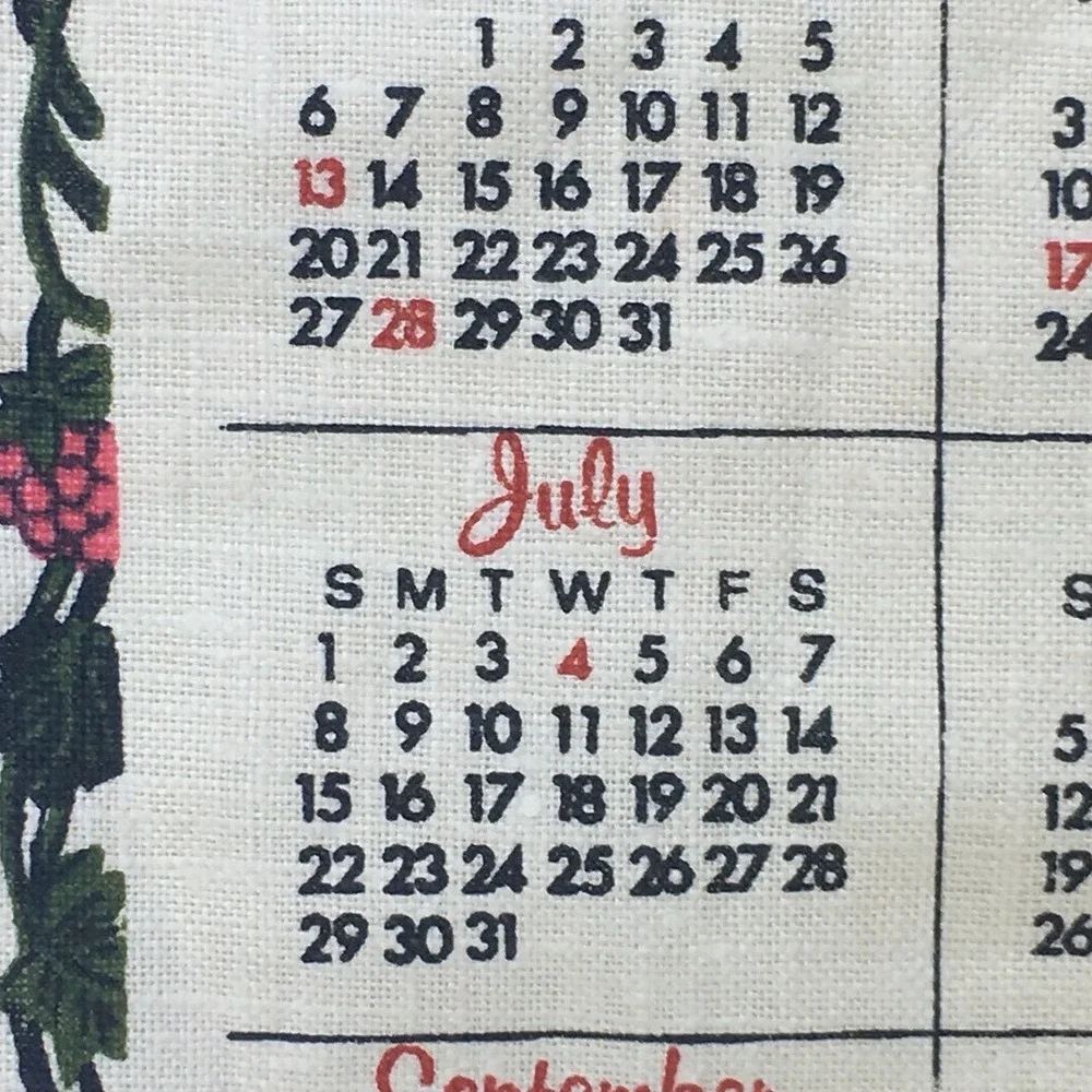 Vintage 1979 Linen Wall Calendar Floral Kitchen Prayer Hanging Tea Towel Retro